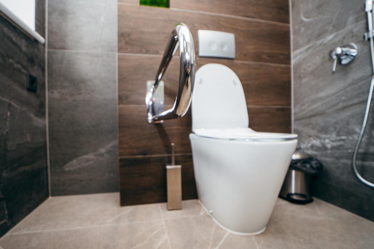 Beautiful modern bathroom with handrail next to toilet